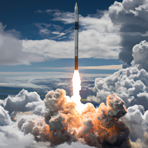 The image would show a Rocket Lab Electron rocket launching into the sky, with clouds and the Earth in the background. The rocket would be surrounded by flames and smoke as it propels upward into space.