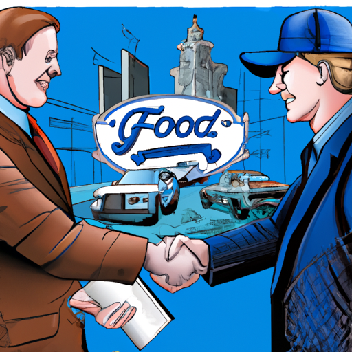 The image would show a handshake between a representative of Ford and a representative of UAW, symbolizing the tentative agreement they have reached. The background could include elements related to the automobile industry, such as a car factory or workers wearing UAW-issued hats. The image would convey a sense of resolution and cooperation, representing the end of the strike and a step towards progress.