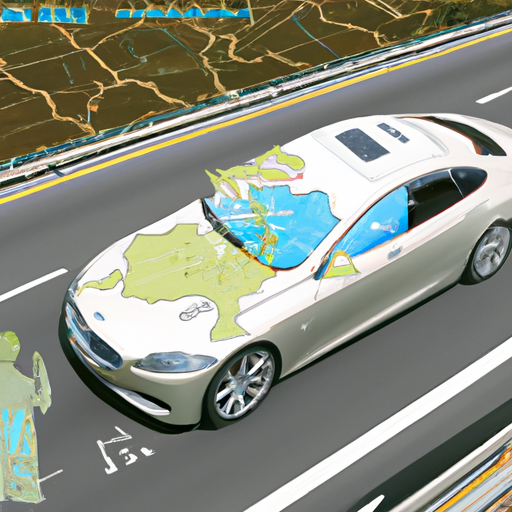 The image would show a high-tech electric car, representing Xpeng, driving on a road in China. The car would be equipped with advanced sensors, cameras, and radar systems. In the foreground, there would be a map, symbolizing the removal of HD (High Definition) maps from the car's autonomous driving feature. The image would depict the evolving technology in the automotive industry and the reliance on sensor data for navigation.