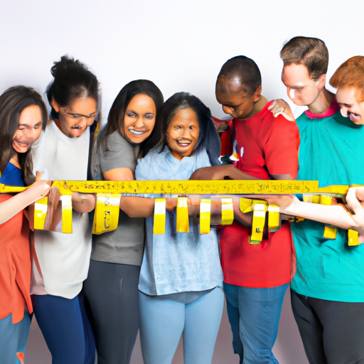 The image would feature a diverse group of people from different genders, ethnicities, and backgrounds. They would be standing together and holding up a large measuring tape, symbolizing the idea of measuring diversity. The measuring tape would have different colors and sections to represent the various aspects of diversity being measured.