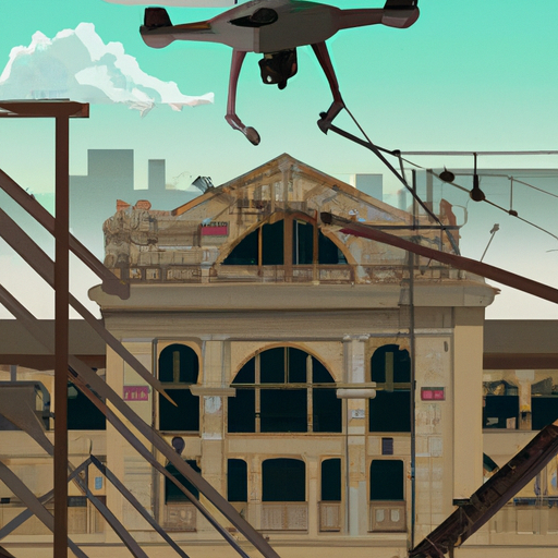 The image would depict a derelict train station in Detroit that is being renovated. In the foreground, there would be a modern drone hovering in the air, ready to make a delivery. The surroundings would show signs of construction and progress, with workers and cranes in the background. The image will convey the concept of futuristic technology being integrated into the revival of an old, forgotten space.