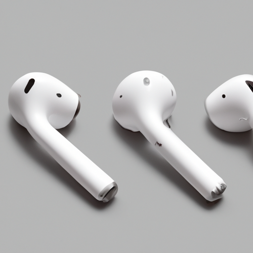 The image would feature three pairs of Apple AirPods arranged in a diagonal line. The first pair would be larger and more futuristic-looking, suggesting a significant upgrade. The second pair would be slightly smaller and sleeker, hinting at a more streamlined design. The third pair would be the original AirPods, placed on the side to show the comparison between the older and new models.