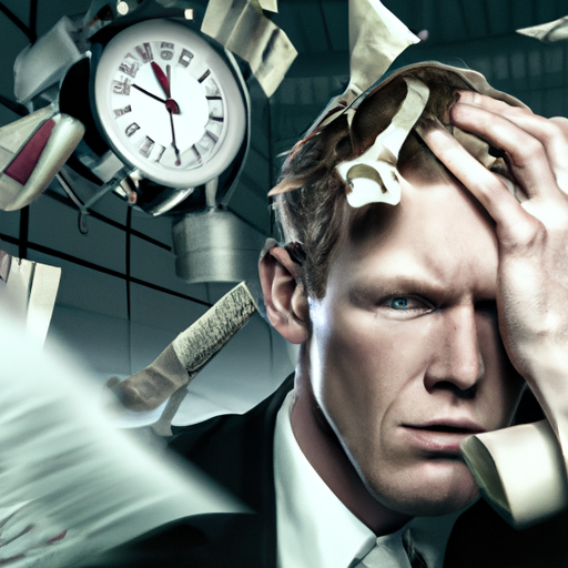 The image would show a businessman standing in front of a broken, malfunctioning clock. He would be holding his head in frustration, while papers and dollar bills fly around him, symbolizing financial loss. In the background, a bustling office would be depicted, with employees looking worried and stressed.