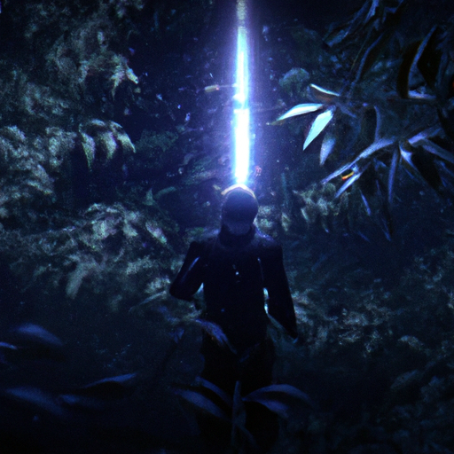 The image would feature a shadowy figure holding a shining flashlight, surrounded by a dark forest. The figure's back is turned towards the viewer, and a mysterious glow emanates from the flashlight, illuminating the dense foliage and creating an eerie atmosphere. The scene signifies the thrilling and adventurous nature of "Alan Wake 2" and hints at the "new alternative narrative" that awaits players in New Game Plus.