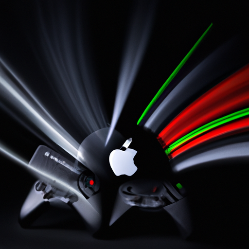 The image would show a combination of Apple's logo, controllers representing gaming consoles like the PS5 and Xbox, and elements symbolizing speed and excitement such as flames or lightning bolts.