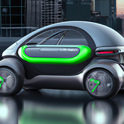 The image would show a small, sleek electric vehicle (EV) with a futuristic design. The vehicle would be parked in a urban environment, possibly with a charging station in the background. Two people would be shown swapping out the Gogoro batteries, emphasizing the convenience and ease of the process.