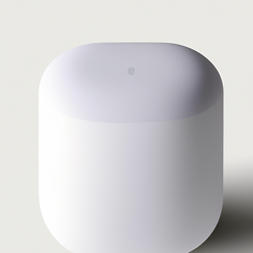 The image would feature a white, second-generation HomePod speaker that is positioned at a slight angle. It would be placed on a clean, minimalist surface, perhaps against a backdrop with a soft, neutral color. The speaker would be featured prominently, with elegant curves and a small status indicator softly glowing on the top. The lighting would be balanced, highlighting the speaker's sleek design and clean lines.