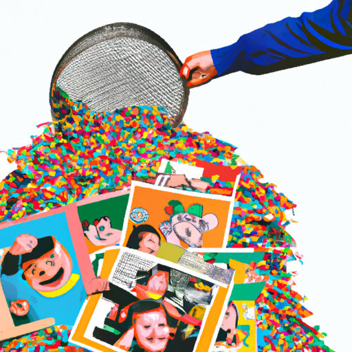 The image would show a person using a large sieve to sift through a massive pile of colorful photographs. The person would be wearing a shirt that says "GoodOnes" on it, and towards the end of the pile, there would be a photo of a cute cartoon character named Ollie. The person would be holding up the Ollie photo with a joyful expression on their face, indicating the renaming of GoodOnes to Ollie.