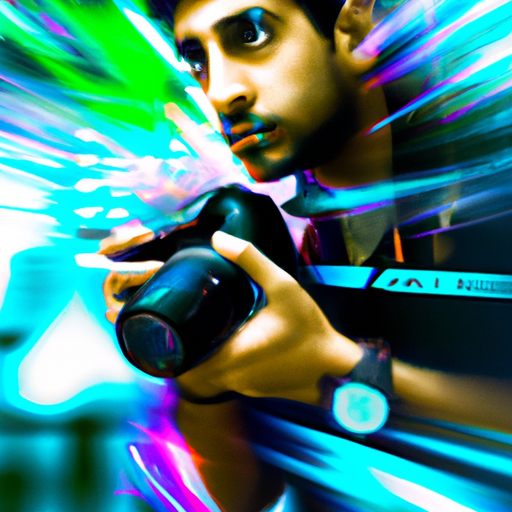 The image would showcase a hobbyist photographer holding a camera and having a thoughtful expression on their face. In the background, there would be vibrant streaks of light and color, which are being generated by AI. The photographer's eyes would be reflecting the vividness and excitement of the AI-generated effects.