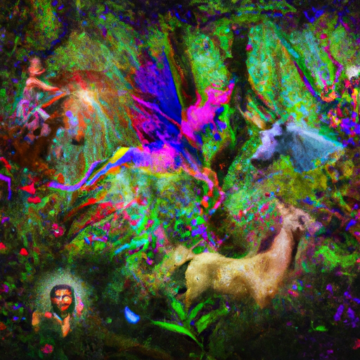 The image would feature a vibrant, lush forest filled with diverse and fantastical wildlife. In the center, a group of children with glowing eyes would be gathered, surrounded by magical creatures such as unicorns, giant hummingbirds, and shimmering spirits. The scene would evoke a sense of wonder and mystery, hinting at the untamed beauty and enchanting adventures to be discovered in Everwild.