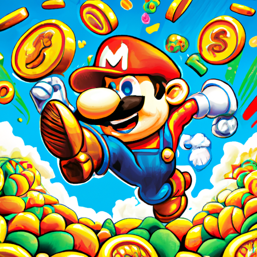 The image would feature a vibrant, action-packed illustration of Super Mario running, leaping, and collecting coins in a colorful, whimsical world filled with iconic Mario elements such as mushrooms, question blocks, and Goombas. There would be a sense of speed and excitement, with Mario dashing forward with a determined and joyful expression on his face. The background might depict a lush landscape with rolling hills, blue skies, and maybe even a glimpse of Peach's Castle in the distance.