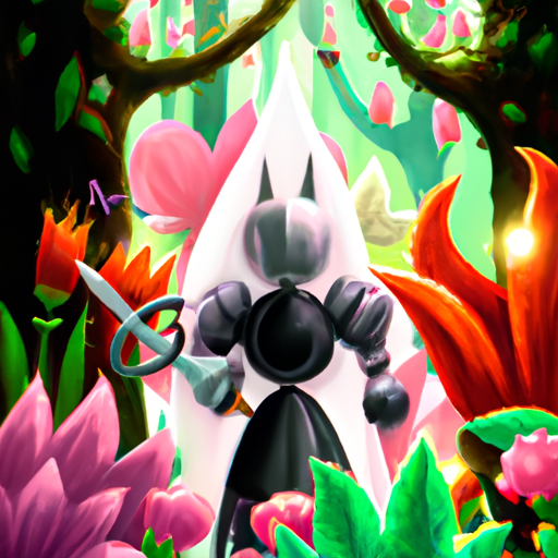 The image would show the iconic knight character from the game "Hollow Knight" standing in a vibrant, mystical forest filled with towering trees and colorful flowers. The knight is holding a sword and wearing armor, ready for adventure. In the distance, a group of curious creatures can be spotted, hinting at the unknown world that will be explored in the upcoming game "Silksong".
