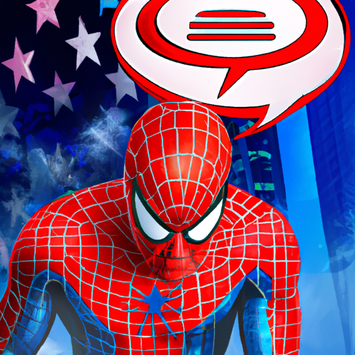 The image would feature Spider-Man's iconic suit with the American flag redesigned in a unique and incorrect way. Surrounding the suit are speech bubbles of characters expressing their disappointment and frustration. Spider-Man himself has a concerned and apologetic expression on his face, symbolizing Insomniac's apology for the mistake. The overall composition evokes the importance of accuracy and representation, emphasizing the need for attention to detail in popular media.