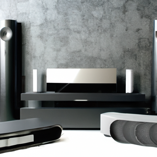 In the image, there would be three sleek and modern home theater sets displayed side by side. The largest set on the left would be the Sonos Arc, with its curved soundbar prominently visible. In the middle would be the Sonos Beam, a more compact soundbar option. On the right would be the Sonos Ray, a slim soundbar that blends seamlessly into any home decor. The image would depict these sets in an elegant living room setup, showing their potential to enhance the audio experience for movie nights and home entertainment.