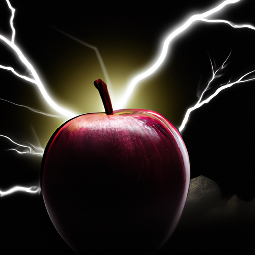 The image would depict an apple with lightning bolts shooting out of it, indicating speed and intensity. The apple would be in a dark and suspenseful setting, perhaps with a stormy sky in the background. A sense of excitement and anticipation would be conveyed through the image.