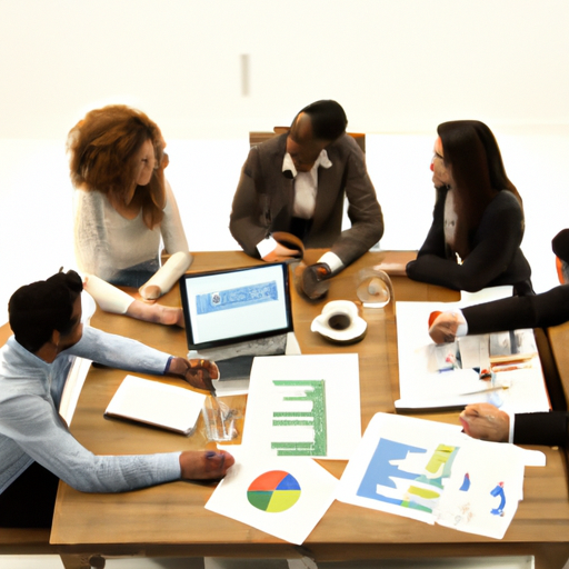 The image would feature a diverse group of people in business attire, gathered around a table. The table would be adorned with documents, charts, and a laptop showing financial data. The individuals in the image would be engaged in conversation, appearing confident and focused. The image would convey a sense of collaboration, strategy, and success in the process of buying another company.