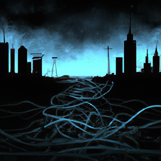 The image would portray a dark and disconnected atmosphere, symbolizing the lack of internet access in the Gaza Strip. The silhouette of a city skyline, illuminated by the harsh glare of spotlights, would dominate the scene. Broken or severed cables, scattered across the foreground, would denote the disruption of internet connectivity. The overall tone of the image would communicate isolation and the deprivation of communication channels.