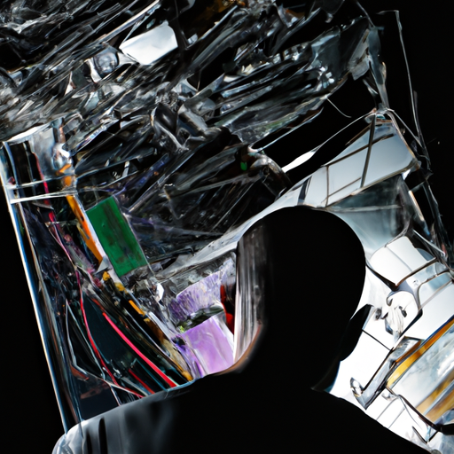 The image would depict a shattered computer screen with wires and circuits exploding outwards. There would be a silhouette of a person standing nearby, symbolizing job loss and the impact on individuals.