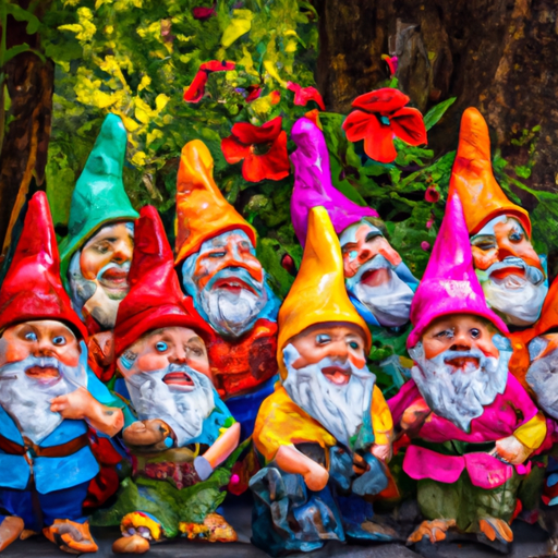The image would show a group of seven colorful and unique looking dwarfs gathered together, each displaying their distinct personalities through their expressions and poses. They would be surrounded by elements of nature, such as trees, flowers, and perhaps a waterfall or forest in the background. The dwarfs would be wearing traditional clothing, with their characteristic hats and accessories. Overall, the image would evoke a sense of wonder and playfulness, representing the beloved characters from Disney's live-action adaptation of Snow White.