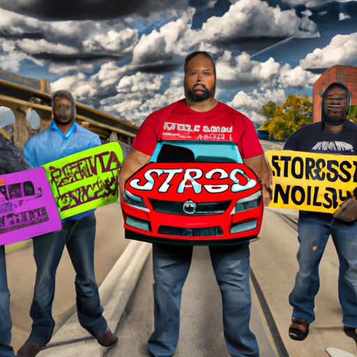 The image would depict a diverse group of Teamsters local drivers and rideshare drivers standing side by side, united in their fight against an impending AV (autonomous vehicle) disaster. They are holding signs and visually conveying their determination to stop the crisis, with a backdrop of a bustling cityscape symbolizing the urban environment at stake. The drivers exude a sense of solidarity and resilience, ready to take action to protect their livelihoods and the safety of their communities.