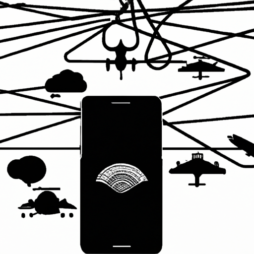 The image would depict a mobile phone surrounded by multiple network signals radiating outwards, resembling GPS lines. The lines would connect the phone to various other devices, representing a network. A silhouette of a zeppelin would be visible in the background, symbolizing Zephr's emergence from stealth. The overall image would convey the idea of a networked GPS system created through cell phones.
