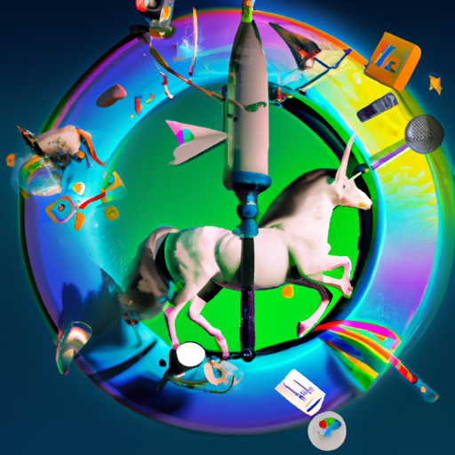 The image would show a colorful carousel with various mythical creatures like unicorns, along with an arrow indicating a full circle. Surrounding the carousel would be icons representing different technology startups and unicorns, symbolizing the progression and evolution of the term 'unicorn' over the past 10 years.