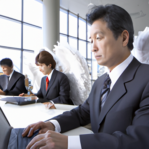 The image would show an angel investor in the foreground, dressed in professional attire, sitting at a modern office desk. The angel investor would be pensively looking at a computer screen, as if analyzing investment opportunities. In the background, there would be a group of entrepreneurs with bright and hopeful expressions, symbolizing their desire to raise a substantial round of funding. The image would convey a sense of collaboration, professionalism, and the potential for funding success.