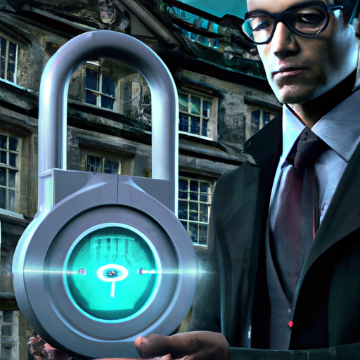The image would feature Rishi Sunak, the Chancellor of the Exchequer, standing in front of the Bletchley Park mansion. He is holding a secure lock symbol, symbolizing safety and security. In the background, there is a futuristic AI technology with a timer indicating that regulations are being put on hold.