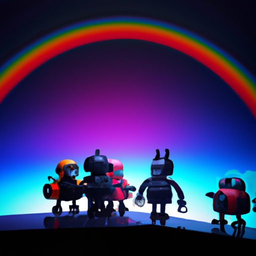The image would feature a whimsical and futuristic landscape with a colorful sky. In the foreground, there would be a group of animated robotic musicians, resembling The Beatles, performing on a stage.