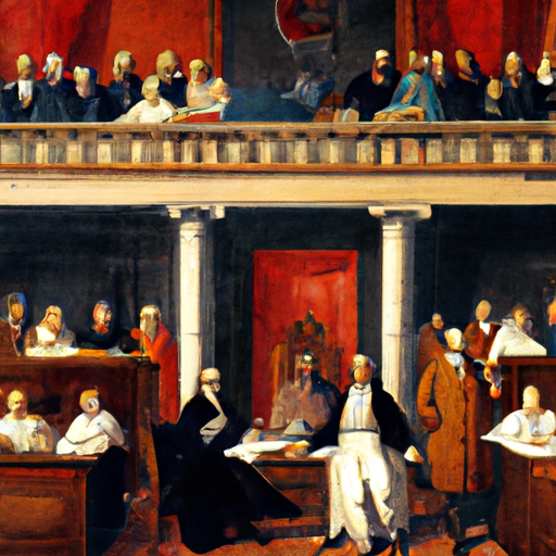 The image would depict a courtroom scene with a judge presiding over the trial. Sam Bankman-Fried, the central figure of the image, would be shown standing in the foreground looking serious and slightly worried. On one side, there would be a group of prosecutors, indicating the guilty verdict. On the other side, there would be Bankman-Fried's defense team, looking concerned. The image would capture the tension and significance of the moment.