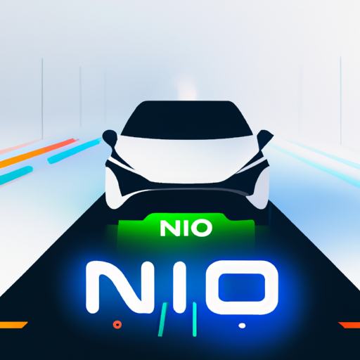 The image would feature a stylized representation of a colorful electric vehicle (EV) with a large "Nio" logo on its side. The vehicle is driving on a road filled with other EVs, suggesting the "fierce competition" in the market. In the background, there are silhouettes of people, with a portion of them fading away, indicating the staff reduction. The overall tone of the image is a mix of energy and uncertainty.