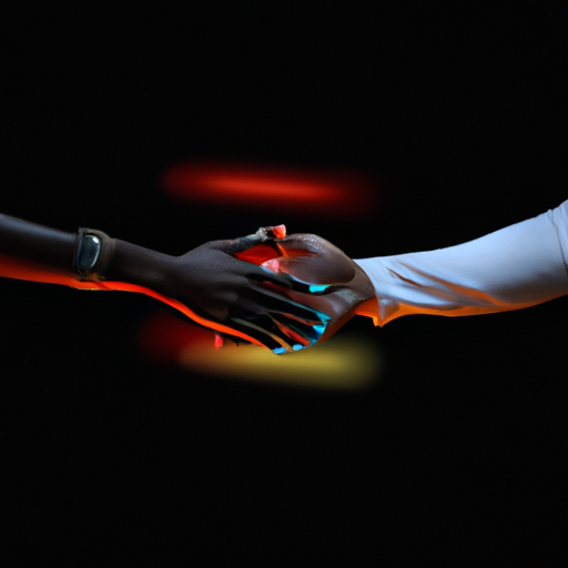 The image would feature two hands, one white and one black, coming together in a handshake at the center of the image. Surrounding the hands are icons and symbols representing technology, finance, and diversity.