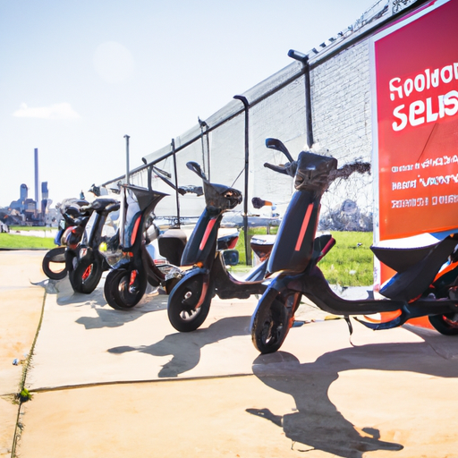 The image would show a colorful and vibrant cityscape with various modes of transportation moving about. In the foreground, there would be a fleet of electric mopeds parked neatly in a row, representing the "moped sharing" service that Revel has ended. To the side, there would be an electric vehicle charging station with a few cars plugged in, showcasing Revel's focus on "EV charging." Lastly, in the background, there would be a ride-hail vehicle, like a bright green or yellow taxi, symbolizing the shift in Revel's focus toward "ride-hail" services. Overall, the image would convey a dynamic urban environment with a variety of transportation options.