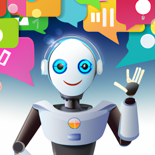 The image would show a friendly and approachable humanoid robot with a colorful speech bubble above its head, surrounded by various icons and symbols representing different aspects of AI technology. The robot would be posed in a way that suggests it is ready to answer questions and engage in conversation.
