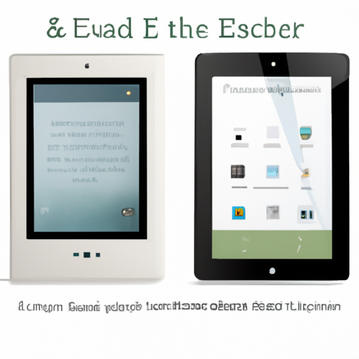 The image would show two sleek and modern e-readers side by side, one smaller than the other. Both e-readers have minimalist designs and are in subtle, neutral colors. The larger e-reader has a vibrant display showing a book cover, while the smaller one displays a personalized wallpaper with icons showcasing customization options. The image conveys the combination of quiet and compact styles with abundant customization features.