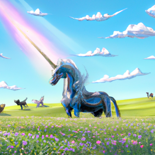 A whimsical image of a lush field with rolling hills, framed by a bright blue sky. In the foreground, a single unicorn is standing gracefully, with its silver mane flowing in the wind. The unicorn is surrounded by curious onlookers, who are reaching out to touch its ethereal horn.
