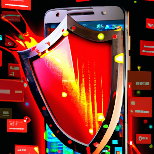 The image would depict a bright, futuristic smartphone with a protective shield surrounding it. It would be surrounded by a swarm of red, glowing code snippets, representing the malicious sideloaded apps. The shield would be clearly repelling the code snippets, demonstrating the app scanning technology at work.
