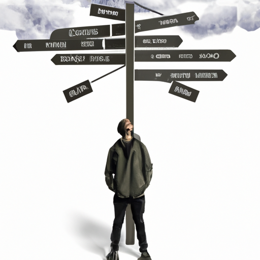 The image will show a person standing at a crossroads, holding a signpost with different directions. Each direction will represent a different aspect of personal goals, such as career, relationships, travel, personal growth, and hobbies. The person will be deep in thought, appearing contemplative and unsure of which path to choose. The image will depict the idea of reflection and considering personal aspirations before starting a startup journey.