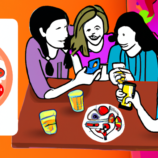 The image would feature a group of diverse friends sitting at a table in a bustling restaurant. They are engaged in lively conversation and smiles are exchanged as they browse through the Appetite app on their smartphones. The app's logo is subtly displayed on the screens, hinting at the purpose of their gathering. The table is adorned with plates of delicious food and glasses of refreshing drinks, creating an inviting and vibrant atmosphere.