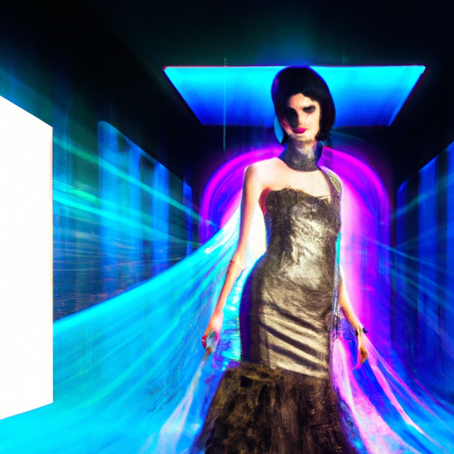 The image would showcase a sleek and futuristic virtual try-on experience for luxury clothing. It would feature a computer screen displaying a person virtually trying on an elegant outfit. The person would be surrounded by virtual mirrors and lighting, adding to the luxury ambiance. The image would convey a sense of sophistication and technology merging seamlessly in the world of fashion.