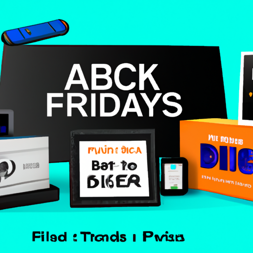 The image would feature a collection of Amazon devices, including Echo speakers, Fire tablets, Kindle e-readers, and Fire TV sticks, all strewn across a colorful Black Friday sale backdrop. The devices would be showcased in various angles and sizes, with vibrant price tags and discount symbols attached to them, emphasizing the best deals available. Additionally, a few excited people could be seen in the background, representing eager shoppers taking advantage of the sales.