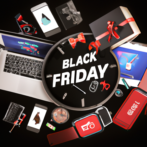 The image would show various popular electronic devices, such as smartphones, tablets, laptops, and smartwatches, placed together in a festive arrangement. They would be surrounded by the classic Black Friday shopping symbols, like shopping bags and price tags, indicating that they are on sale. The image would convey excitement and anticipation for the shopping event.