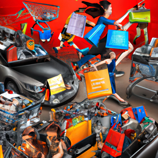 The image would show a chaotic shopping scene with people rushing and grabbing items off shelves. There would be shopping carts filled with discounted items and shoppers holding bags full of purchases. Various brands and store logos would be visible in the background.