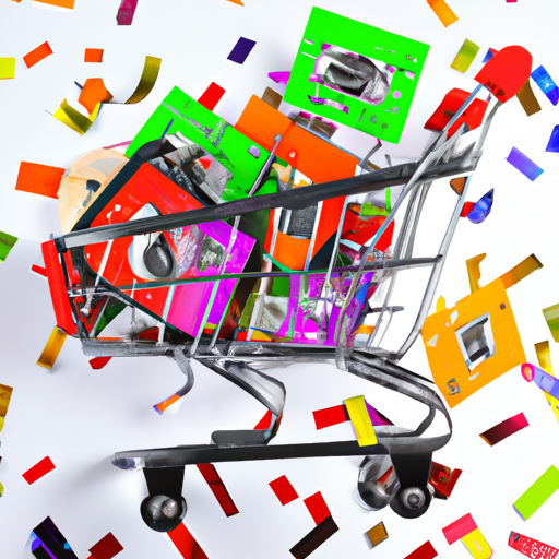 An image showing a shopping cart filled with various items, surrounded by bright, colorful price tags. The items in the cart range from electronics to fashion accessories, representing the variety of deals available. The image conveys the excitement and sense of savings associated with Black Friday shopping.