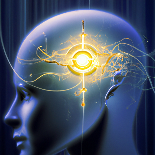 The image would feature a futuristic, high-tech implant device, symbolizing Neuralink, surrounded by a network of interconnected neural pathways. The implant device would be depicted seamlessly merging with a human brain, indicating the integration of technology with the human mind. The background would be a soft glow, representing the quiet and secretive nature of the funding raise.