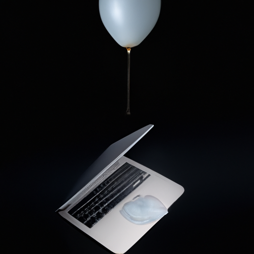 The image would show a MacBook Air floating in the air, surrounded by clouds and with a small air pump or balloon attached to it.