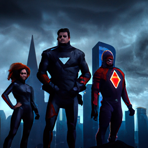The image could show a group of superheroes from the Marvel universe standing together, looking concerned or sad. In the background, there could be a cityscape representing a corporate office building with the Nuverse logo. The atmosphere could be somber, with dark colors and a sense of tension in the air.