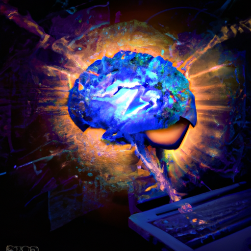 The image would show a human brain merging with a computer, portraying a futuristic concept of integration. The brain and computer would appear seamlessly connected, representing the idea of a computer-brain implant. The colors and lighting in the image might be a blend of organic and technological elements, symbolizing the harmonious union of human and artificial intelligence.