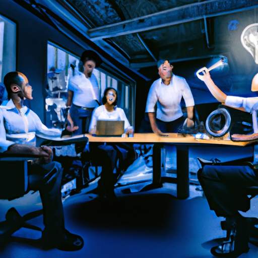 The image would show a group of entrepreneurs sitting in a brightly-lit classroom, surrounded by futuristic technology. One entrepreneur is holding a light bulb symbolizing a bright idea, while another is interacting with a computer screen displaying abstract AI-generated images. The room is filled with an energetic atmosphere, and there is a sense of collaboration and excitement as the entrepreneurs eagerly learn how to use generative AI to enhance their startups' efficiency.