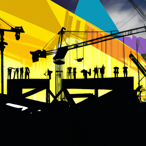 The image would feature a vibrant, bustling cityscape with various construction sites in progress. Cranes reach high into the sky, while workers wearing hard hats and safety vests can be seen actively engaged in their respective tasks. The scene depicts a sense of growth and progress, representing the expansion of Construex in Latin America.